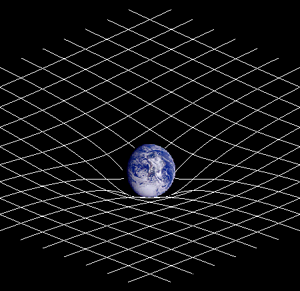 Zakřivení prostoru zemskou gravitací. Kredit: Johnstone, Wikimedia Commons.