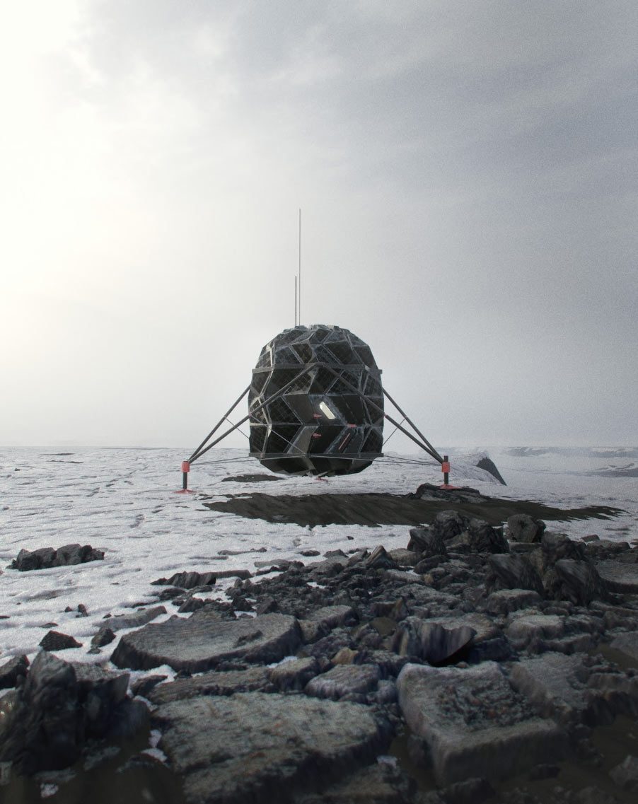 Analog měsíčního habitatu Lunark v drsných podmínkách Grónska. Kredit SAGA Space Architects