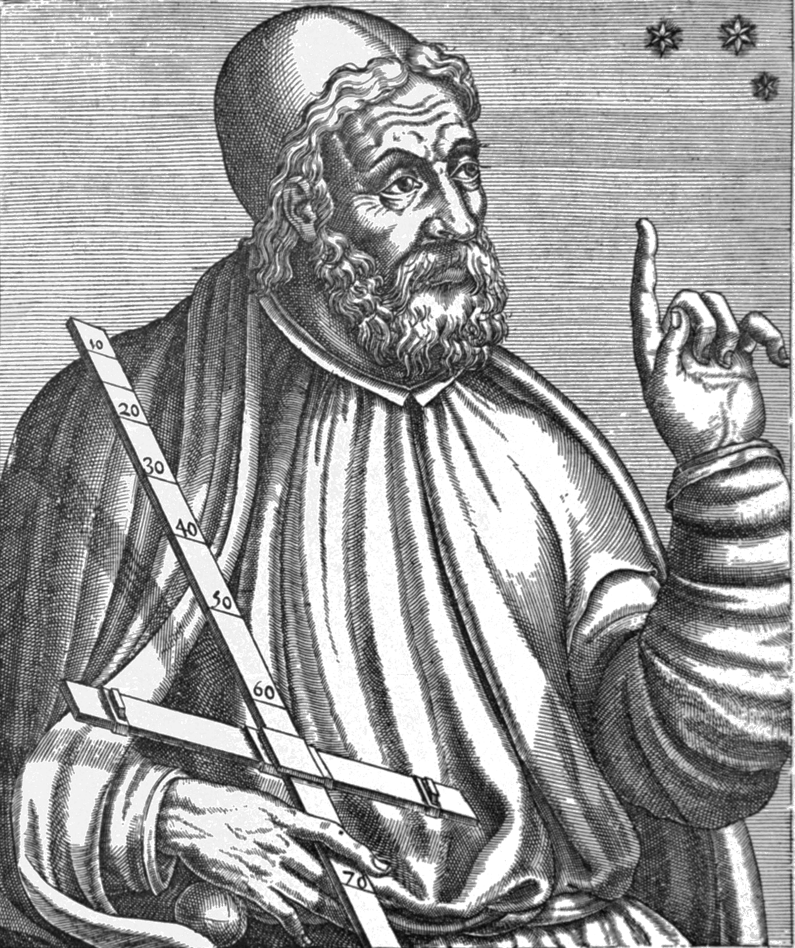 Klaudios Ptolemaios v publikaci Les vrais pourtraits et vies des hommes illustres grecz, latins, et payens recueilliz de leurs tableaux livres et medalles antiques, et modernes, André Thevet z Angoumois, Paříž 1584. Wikimedia Commons.