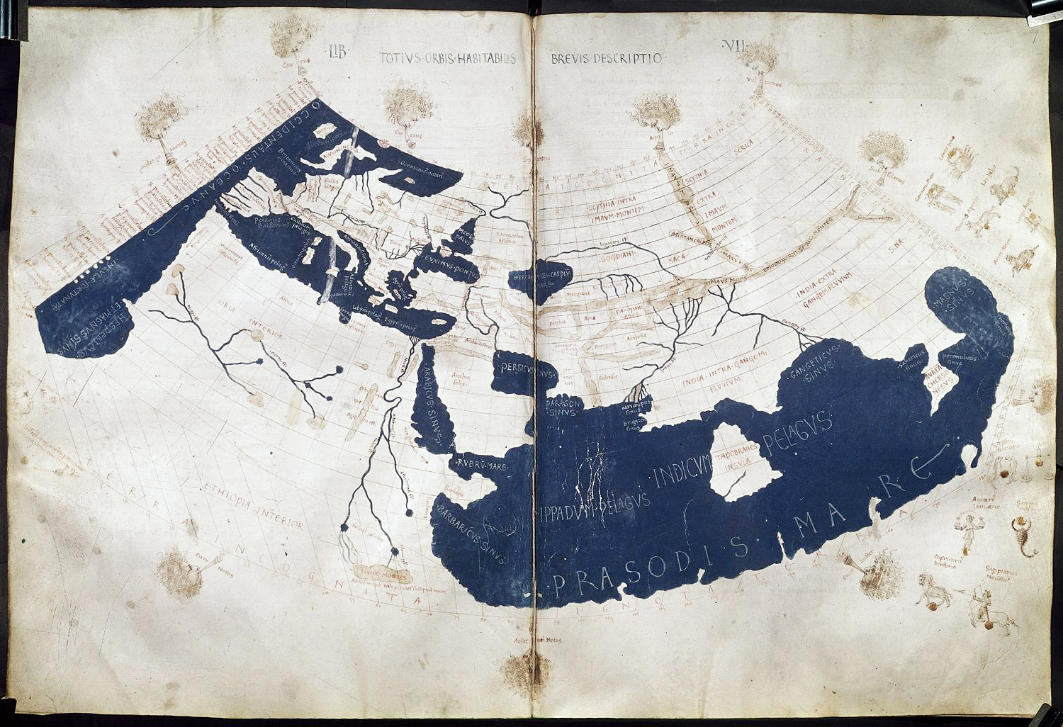 Ptolemaiova mapa světa. Zhotovil florentský iluminátor rukopisů Francesco di Antonio de Chierico mezi roky 1450–1475 podle latinské předlohy od Jacobuse Angeluse z roku 1406. Ten pravděpodobně použil mapu, kterou koncem 13. století zhotovil byzantský