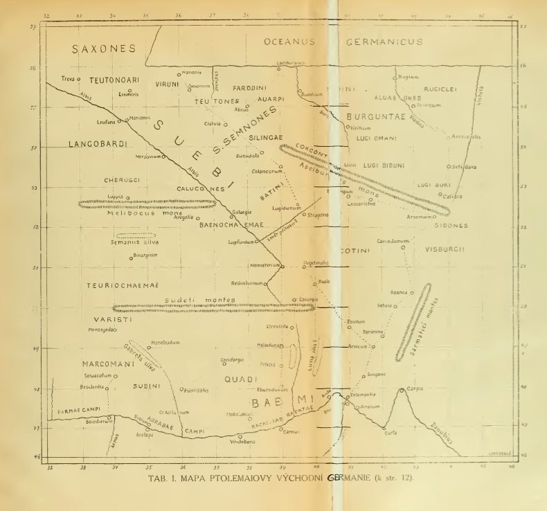 Mapa Ptolemaiovy východní Germánie z publikace Lubora Niederleho Slovanské starožitnosti, díl III., Počátky Slovanů západních, Praha 1919.
