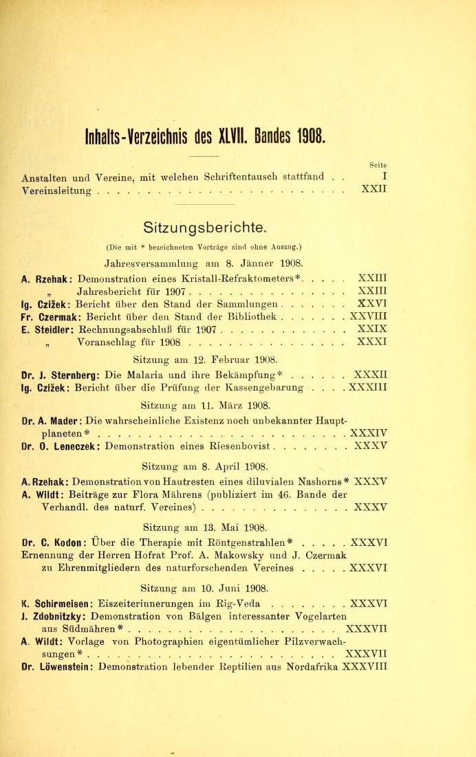 Obsah Zpráv Přírodovědného spolku v Brně, svazek XLVII. 1908 
s přednáškou Vzpomínky na dobu ledovou v Rgvédě.