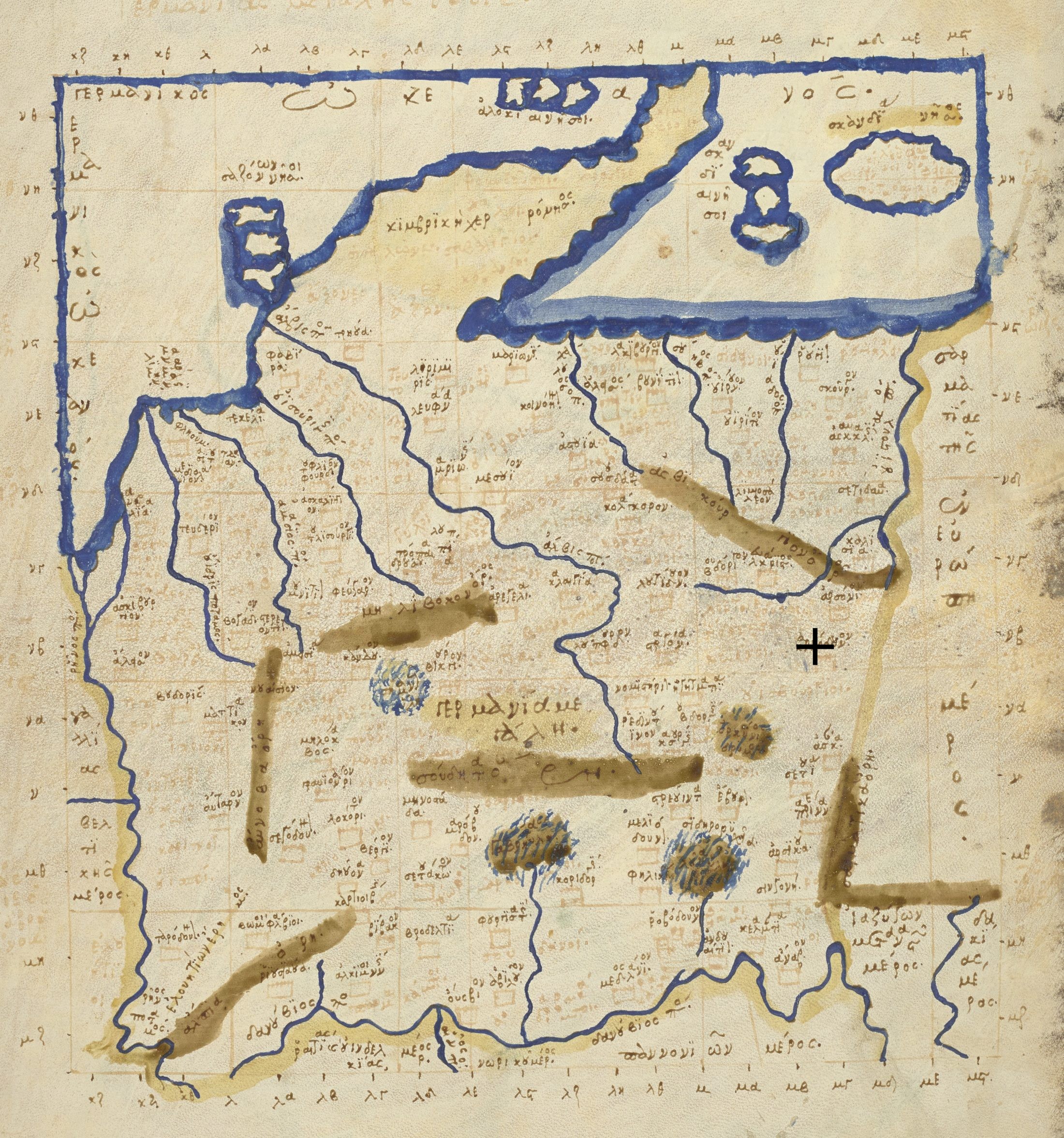 Ptolemaiova mapa Velké Germanie z roku 1420. Carredunum (???????????) vyznačeno křížkem. Wikimedia Commons.