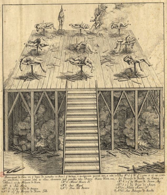Poprava rodiny Távora. Dobová ilustrace z roku 1759. Wikimedia Commons.