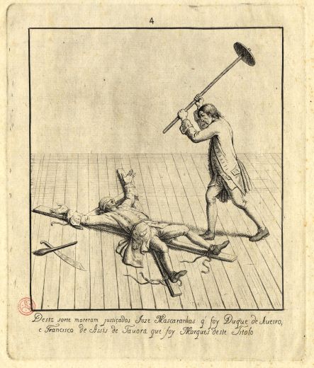 Poprava vévody z Aveira. Dobová ilustrace z roku 1759. Wikimedia Commons.