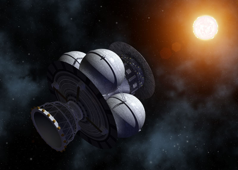 Odlet vesmírné lodi Daedalus od Jupitera a jeho přílet k Barnardově šipce. (zdroj Adrian Mann)