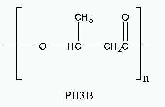 Strukturní vzorec poly(3-hydroxybutyrátu). Vodíkové substituenty (CH3 a O) jsou umístěny na stejné straně základního řetězce. Jde o izotatktický polymer. Zdroj: Wikipedia