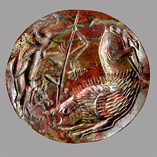 Mínójské pečetítko. Jaspis, průměr 24 mm, kolem roku 1500 před n. l. Kredit: Wikimedia Commons.