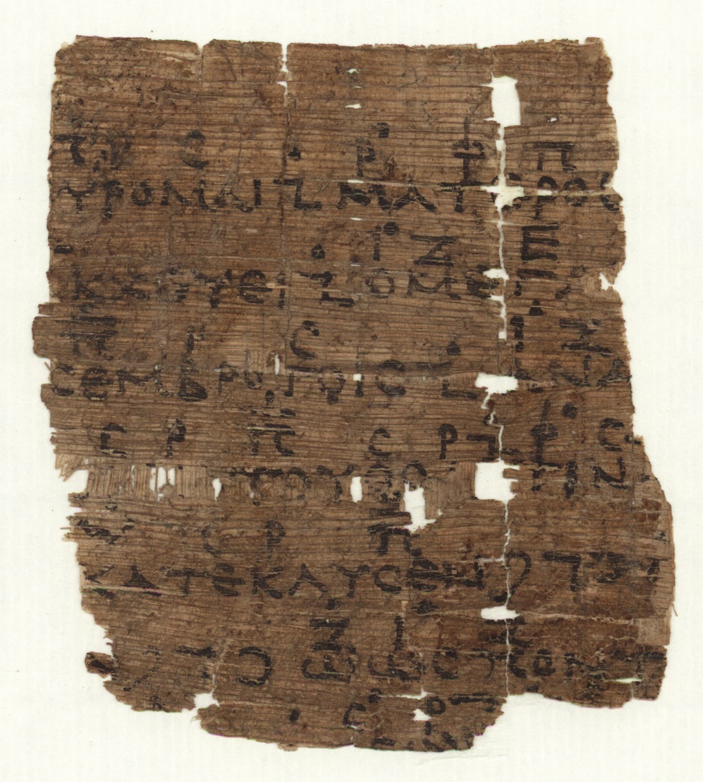 Části veršů 338 až 344 prvního chóru antické tragédie Orestes dramatika Eurípida. Nad textem je hudební záznam. Papyrus z roku cca 200 p.n.l.  Zdroj: Wikimedia Commons
