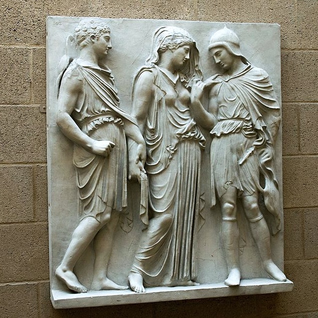 Hermés, Eurydiké a Orfeus. Sádrový odlitek římské kopie reliéfu z Parthenonu. Cambridge Museum of Classical Archaeology. Římská kopie je nyní ve Vile Albani v Římě. Kredit: Zde, Wikimedia Commons. Licence CC 4.0.