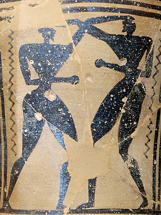 Zápasníci (boxeři?) na pozdně geometrickém fragmentu z Théb, 715-700 před n. l. Louvre, A 568. Kredit: Marie-Lan Nguyen alias Jastrow, Wikimedia Commons. Licence CC 2.5.