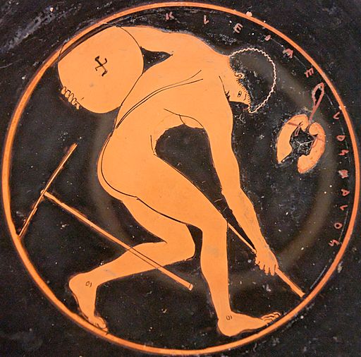 Diskobolos, s nápisem „Kleomelos (je) krásný“. 510–500 př. n. l. Louvre. Kredit: Kleomelos Painter via Marie-Lan Nguyen, Wikimedia Commons.