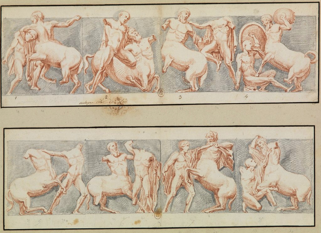 Metopy 1 až 8 z jižní strany Parthenonu. Kresba z roku 1674. Kredit: Jacques Carrey, Wikimedia Commons. Public domain