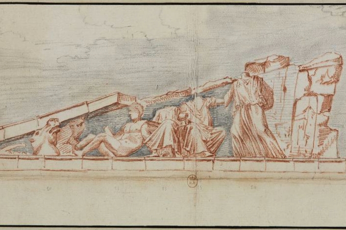 Východní pediment Parthenonu, jeho jižní část s plastikou Dionýsa. Kresba před explozí. Kredit: Jacques Carrey: Temple de Minerve…, 1674, Wikimedia Commons. Public domain.