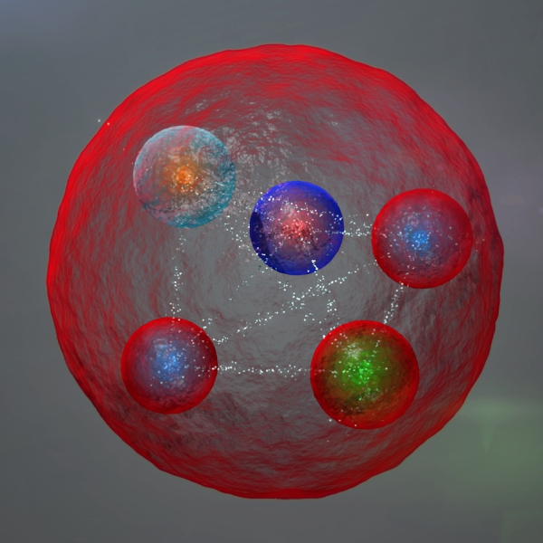 Model pentakvarku vÂ podobÄ› sÂ tÄ›snÄ› vĂˇzanĂ˝mi kvarky. Kredit: CERN / LHCb Collaboration.