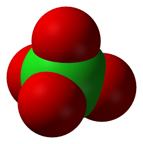 Model chloristanu. Tetraedrické uspořádání atomů kyslíku brání snadné redukci centrálního chloru. Kredit: Volné dílo.