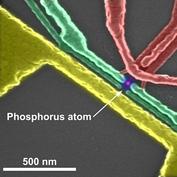 Nanoelektronika s fosforovĂ˝m atomem v elektronovĂ©m mikroskopu. Kredit: University of New South Wales.