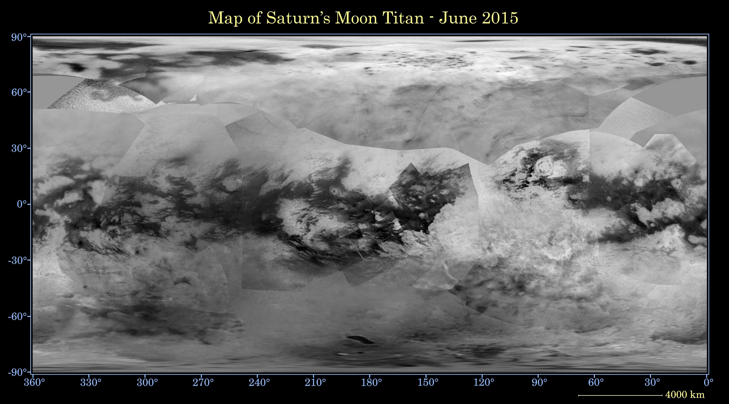 TopografickĂˇ mapa Titanu z radarovĂ˝ch snĂ­mkĹŻ sondy Cassini. TmavĂˇ mĂ­sta poblĂ­Ĺľ severnĂ­ho pĂłlu pĹ™edstavujĂ­ moĹ™e a jezera uhlovodĂ­kĹŻ.  Kredit: NASA/JPL-Caltech/Space Science Institute