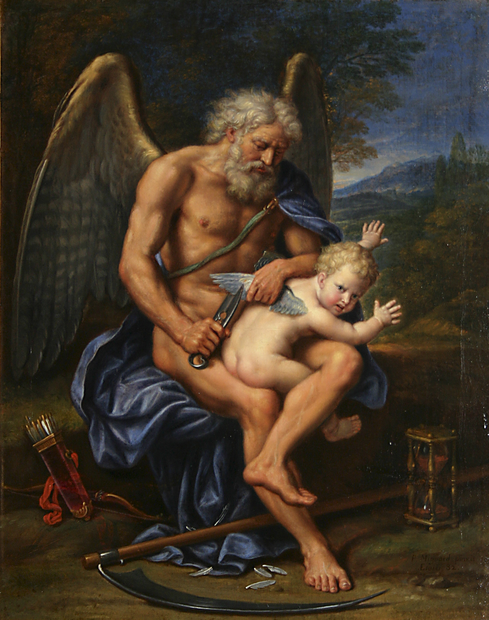 Chronos přistřihující Amorovi křídla. Autorem obrazu je Pierre Mignard (1610-1695). K vidění je v Denver Art Museum. Kredit: Volné dílo.
