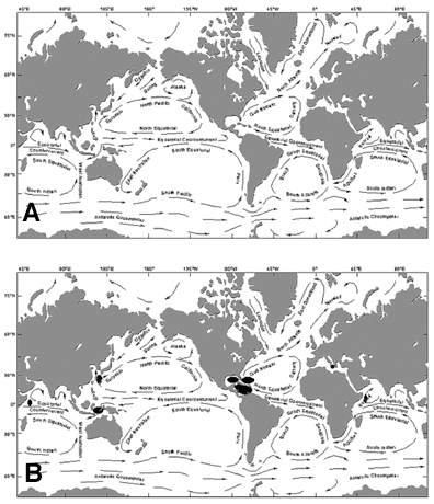 A) NormĂˇlnĂ­ cirkulace. B) Oblasti aktivit pirĂˇtĹŻ. PovĹˇimnÄ›te si statisticky vĂ˝znamnĂ© souvislosti s vĂ˝skytem oblastĂ­ vzestupnĂ˝ch proudĹŻ (upwelling) v Atlantiku  (Kredit: JACOBMICHAEL )