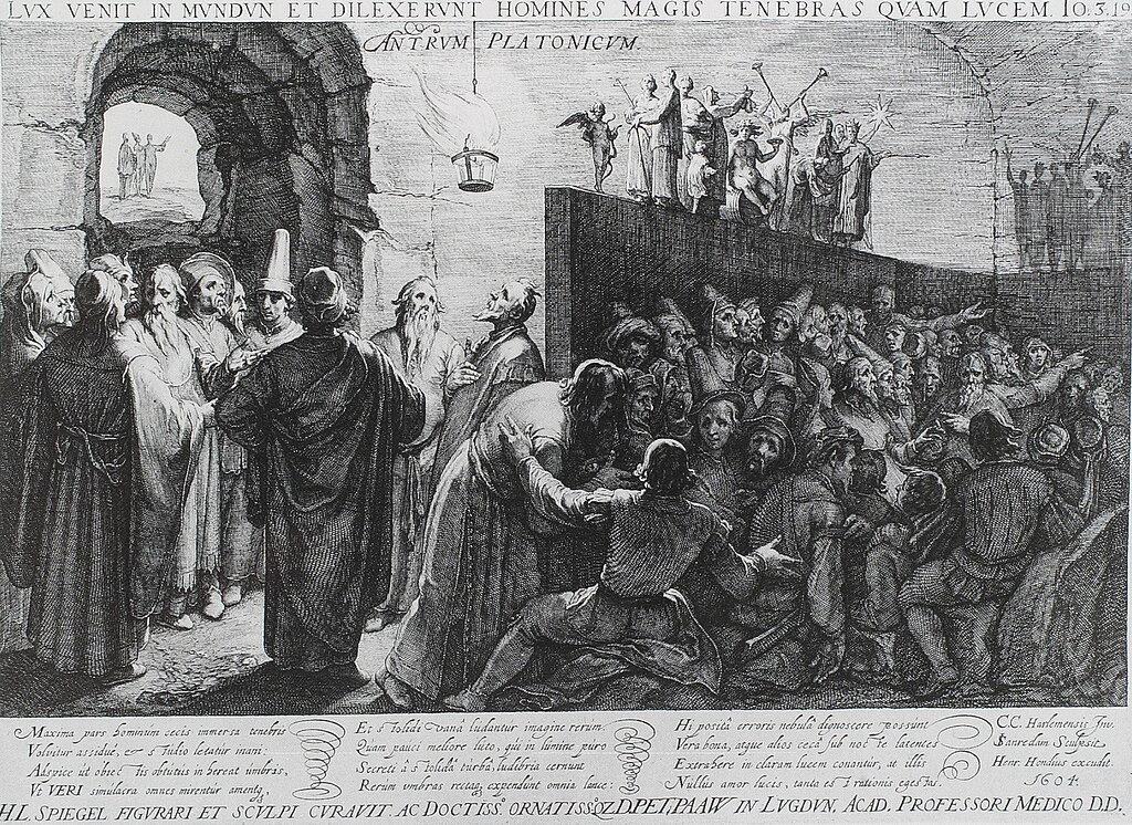 Rytina podobenství o jeskyni z roku 1604. Jan Saenredam podle (malby?) Cornelia van Haarlem. Kredit: British museum 1852,1211.120, Wikimedia Commons. Public domain