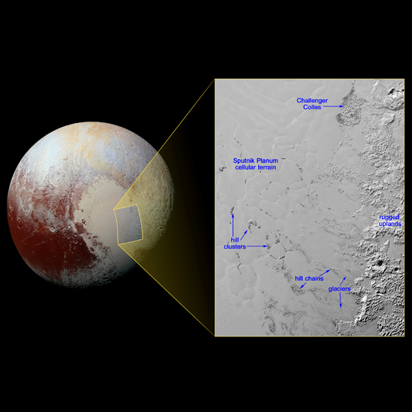 LedovĂ© kopce na moĹ™i zmrzlĂ©ho dusĂ­ku, Pluto. Kredit: NASA / JHUAPL / SwRI.
