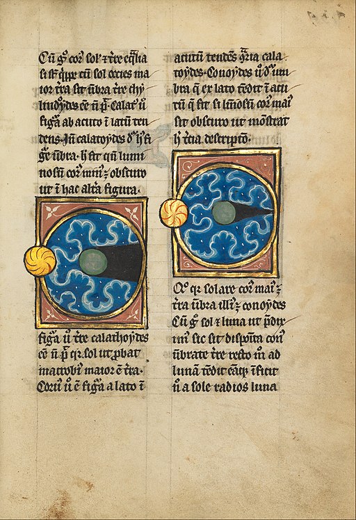Diagram zemského polostínu (vlevo) a plného stínu (vpravo). Iluminace z pozdního 13. století. Getty center (California). Kredit: JgFRcI7gLXKP2Q at Google Cultural Institute via Wikimedia Commons.
