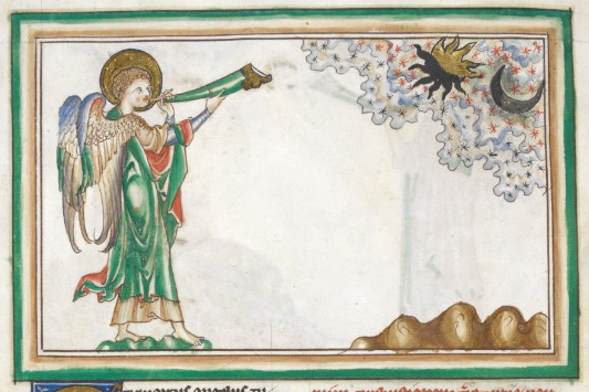 Scéna z Apokalypsy: Čtvrtý anděl troubí, 13. století. Pokud by zatmělé Slunce a zatměný Měsíc stály takhle vedle sebe, tak už by to možná byla ta Apokalypsa. Kredit: British Library via Wikimedia Commons.