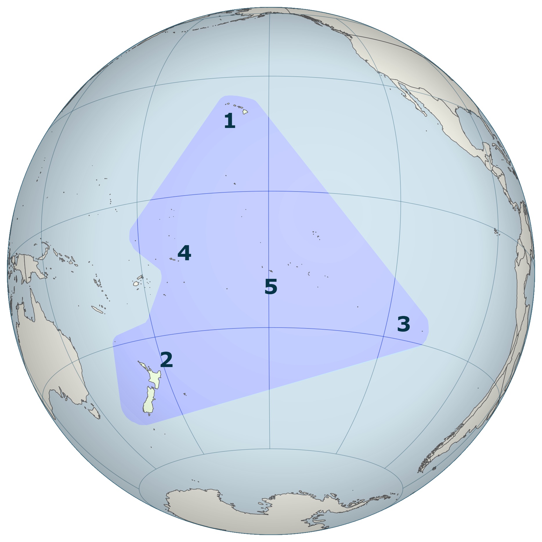 Polynéský trojúhelník na glóbu. Rohy oblasti tvoří Havaj (1), Nový Zéland (2) a Velikonoční ostrov (3). Uvnitř trojúhelníku leží mimo jiné Samoa (4) nebo Tahiti (5).  V Polynésii žije na 6 milionů lidí, z toho asi milion tvoří potomci původní obyvate