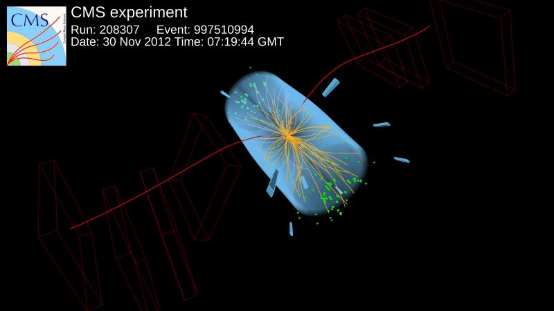 PozorovĂˇnĂ­ rozpadu B0 na pĂˇr mionu a antimionu pozorovanĂ˝ experimentem CMS (zdroj CMS CERN).