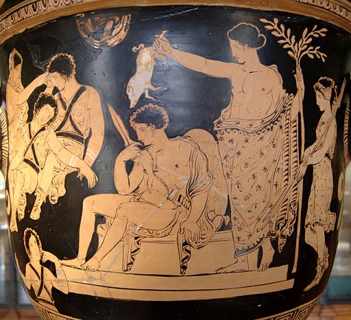 Apollón očišťuje Orestea krví selete, 380 až 370 před n. l. Louvre Museum. Kredit: Bibi Saint-Pol, Wikimedia Commons.
