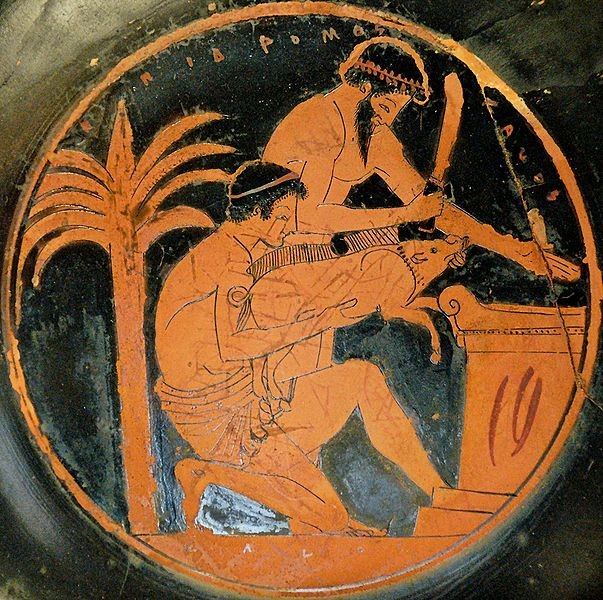 Oběť prasete, nejspíš se bude péct na oltáři, asi rané 5. století před n. l. Kredit: DaphneBreemen, Wikimedia Commons.