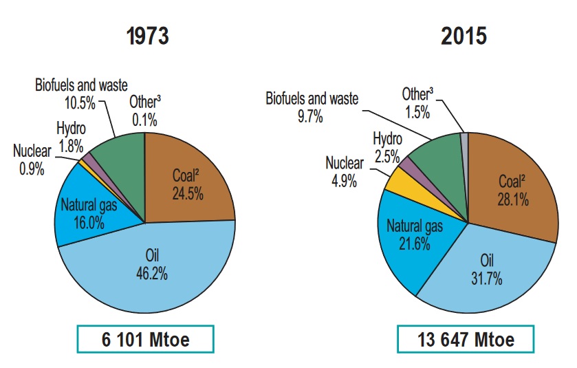 Graf 2: Po půl století investic do obnovitelných zdrojů energie není vidět žádný výsledek. Stejně jako v roce 1973 „ostatní“ zdroje (solár, vítr) tvoří méně než 2% světové potřeby energie (včetně dopravy, nejen elektřina). (Zdroj: International Energ