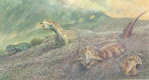 SouÄŤasnĂˇ pĹ™edstava o zpĹŻsobu uchovĂˇnĂ­ tisĂ­cĹŻ organismĹŻ, zahynuvĹˇĂ­ch pĹ™ed 120 aĹľ 133 miliony let v severovĂ˝chodnĂ­ ÄŚĂ­nÄ›. Zde skupina ceratopsĹŻ rodu Psittacosaurus, marnÄ› bojujĂ­cĂ­ch s povodnĂ­, kde valĂ­cĂ­ se voda obsahuje znaÄŤno