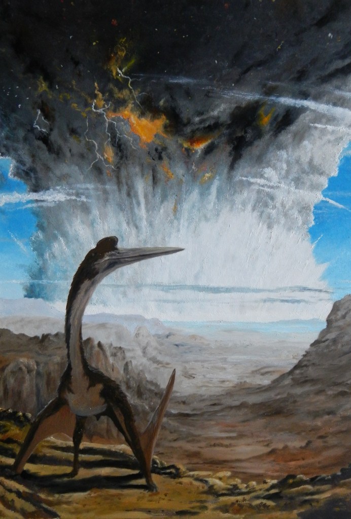 Obří azdarchidní ptakoještěr rodu Quetzalcoatlus zděšeně pozoruje účinky dopadu planetky do oblasti budoucího Mexického zálivu v době před 66 miliony let. I když je tento létající archosaur od místa srážky vzdálen mnoho stovek kilometrů, nejpozději z