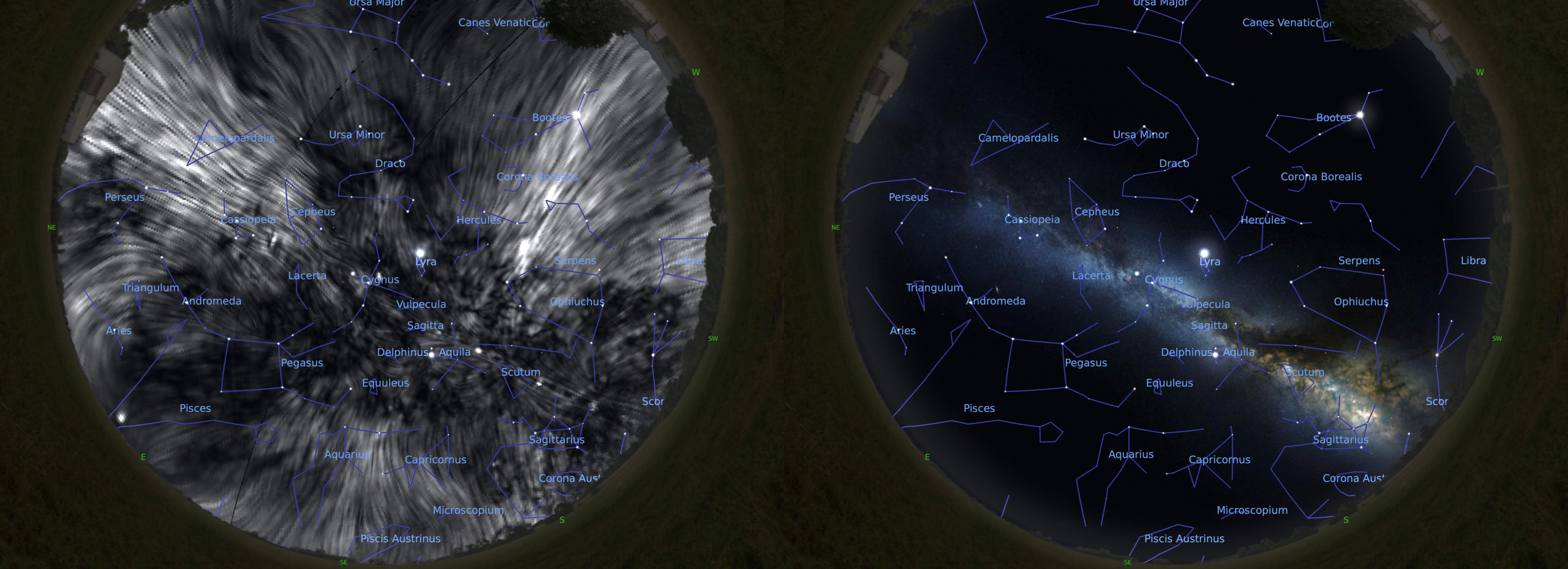 Vpravo noční obloha, vlevo stejný pohled s magnetickým tunelem, kdybychom viděli příslušné rádiové vlny. Kredit: Dominion Radio Astrophysical Observatory/Villa Elisa telescope/ESA/Planck Collaboration/Stellarium/J. West.