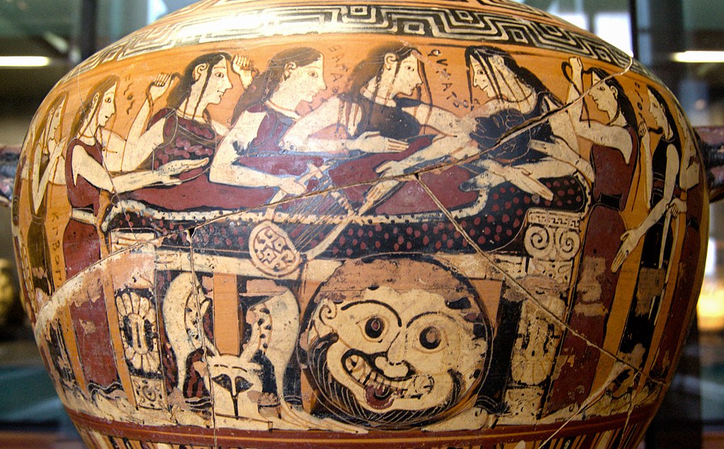 Thetis a Nereidy oplakávají Achillea. Černofigurová malba na korintské hydrii, Damon Painter, 550 před n. l. Louvre, E 643. Kredit: Bibi Saint-Pol, Wikimedia Commons. Licence CC 4.0.