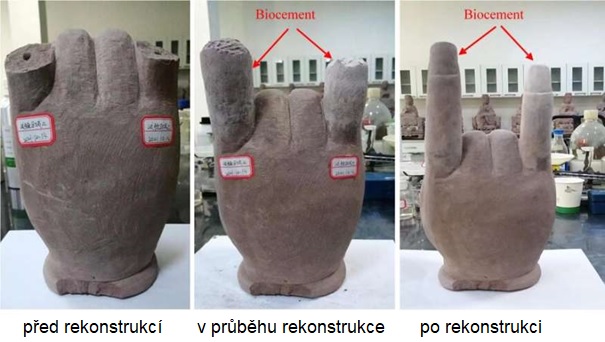 Zkušební vzorek poškozené Buddhovy ruky ze známých Skalních reliéfů v čínském Ta-cu (památka UNESCO). Opravu pomocí biocementu provedl Dr. Yang Yang na univerzitě v Chongqingu v Číně. Roztok biocementu je bezbarvý, takže restaurátorské práce umožňují