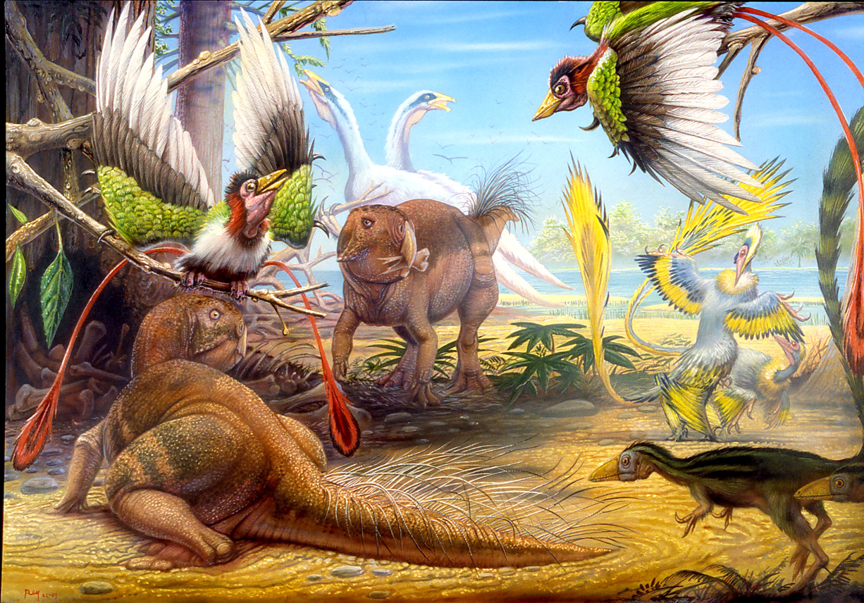 DruhovĂˇ rozmanitost dinosaurĹŻ byla nejspĂ­Ĺˇ mnohem vÄ›tĹˇĂ­, neĹľ se obvykle jevĂ­ z dostupnĂ©ho fosilnĂ­ho zĂˇznamu. Jen vĂ˝vojovÄ› primitivnĂ­ rohatĂ˝ dinosaurus psitakosaurus (dinosaurus vlevo dole, druhĂ˝ jedinec uprostĹ™ed) mĂˇ coby biologick
