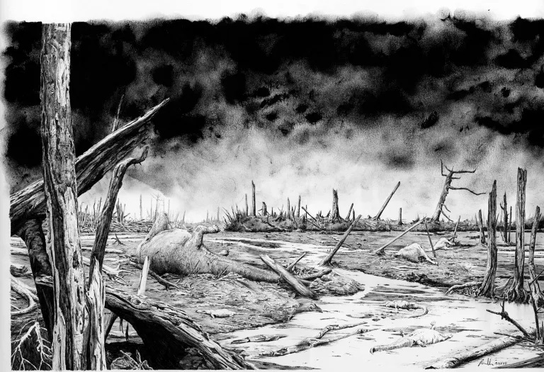 Představa umělce, znázorňující devastaci ekosystémů na území Severní Ameriky. Po dopadu planetky do oblasti dnešního Mexického zálivu následovalo přinejmenším na tomto kontinentu plošné odlesnění, způsobené žárovou vlnou, která zažehla rozsáhlé požár