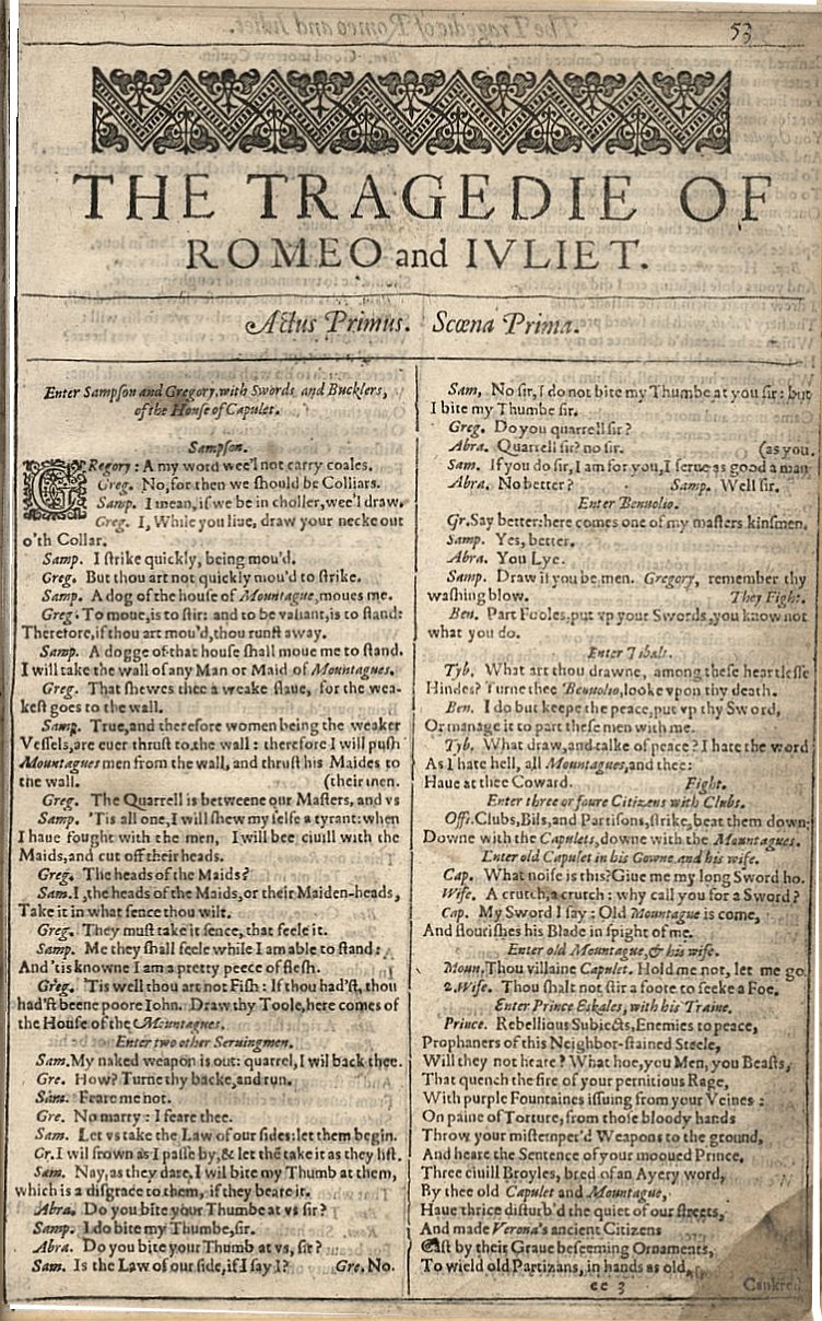 Faksimile první strany Romea a Julie z vydání z roku 1623. Wikimedia Commons, volné dílo.