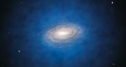 Modře halo temné hmoty kolem spirální galaxie. Kredit: L. Calçada/ESO.