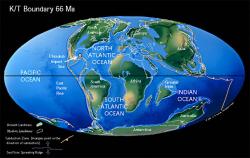 Mapa s rozložením kontinentů v době před 66 miliony let, tedy na úplném konci křídové periody. Místo dopadu impaktoru Chicxulub je vyznačeno kroužkem a šipkou, poloha ještě nezaledněné a s Austrálií spojené Antarktidy je rovněž dobře patrná. I přes velkou vzdálenost od místa dopadu nebyla ani tehdejší antarktická společenstva ušetřena takřka okamžitých důsledků masivního impaktu. Kredit: Christopher R. Scotese, web http://www.scotese.com/