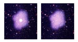 Nalevo rozložení temné hmoty podle klasických představ (s velkou koncentrací v centru galaxie), napravo rozložení temné hmoty tvořené simpy. Kredit: Kavli IPMU.