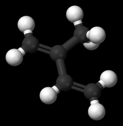 Model molekuly izoprenu, důležité složky přírodních terpenů. Polymerizací vzniká kaučuk, nebo gutaperča. Kredit: Jynto (https://commons.wikimedia.org/wiki/User:Jynto) a Ben Mills (https://commons.wikimedia.org/wiki/User:Benjah-bmm27), Wikimedia.