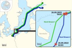 Mapa výbuchů na plynovodech Nord Stream 26. září 2022 Kredit: FactsWithoutBias1, Wikimedia Commons, CC BY-SA 4.0