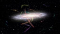Umělecké zobrazení naší Galaxie obklopené desítkami hvězdných proudů. Jsou pozůstatky satelitních malých galaxií a kulových hvězdokup, které roztrhala a formovala gravitace Mléčné dráhy, jež je postupně pohlcuje.  Kredit: James Josephides a projekt S⁵ Collaboration