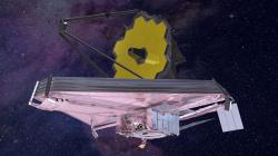 Dalekohled Jamese Webba při pohledu z jeho levé strany. I když JWST obíhá Slunce ve stínu Země, je jeho primární zrcadlo chráněno vícevrstevní solární clonou. Kredit: Northrop Grumman, NASA, ESA, CSA. Volné dílo