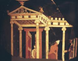 Perspektivní (prostorově iluzivní) malba na řecké keramice, 360 až 350 před n. l. Kredit: Wikimedia Commons