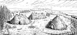 Rekonstrukční pohled na tábořiště lovců mamutů na Landeku v Ostravě-Petřkovicích. Kresba B. Klímy (B. Klíma, Pravěcí lovci na Ostravsku, 1966).